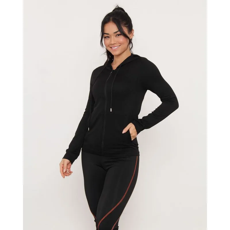 Jaqueta Feminina Com Zíper Fitness Sem Costura Preta GG