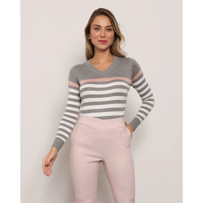 Suéter Feminino Tricô Decote V Com Listras Cinza G