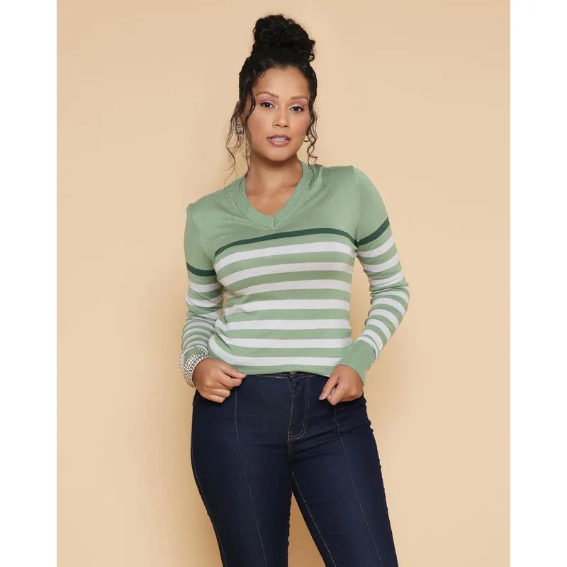 Suéter Tricô Feminino Gola V Listrado Verde M