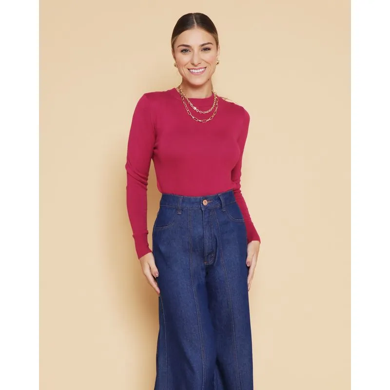 Suéter Tricô Feminino Gola Redonda Rosa M