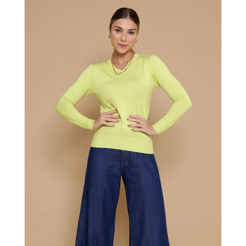 Suéter Tricô Feminino Gola V Verde Neon P
