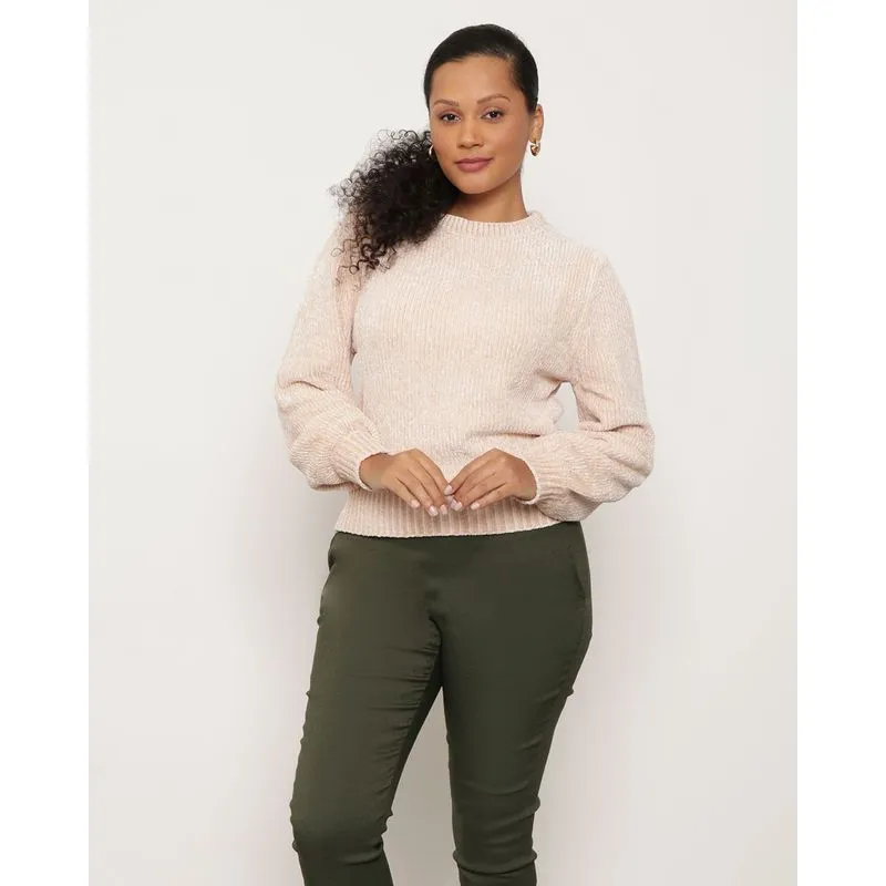 Suéter Feminino Tricô Chenille Manga Bufante Bege M