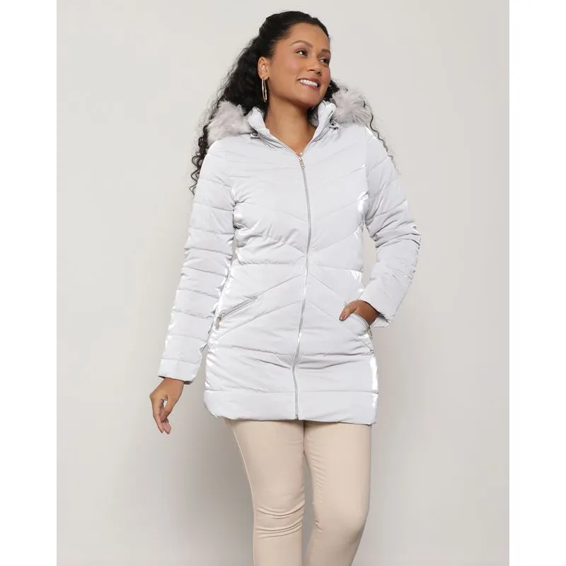 Jaqueta Feminina Puffer Alongada Com Capuz Removível Holográfica Cinza M