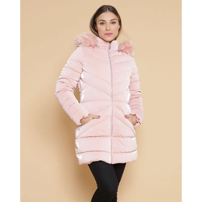 Jaqueta Feminina Puffer Alongada Com Capuz Removível Holográfica Rosa GG