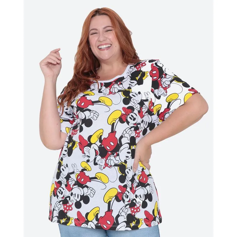 Camiseta Feminina Plus Size Algodão Disney Mickey Minnie Branco G1