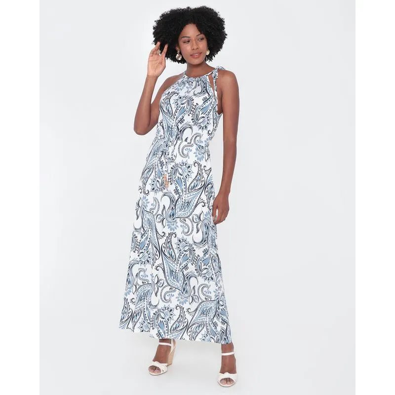 Vestido Feminino Longo Estampa Paisley Decote Halter Neck Off White GG