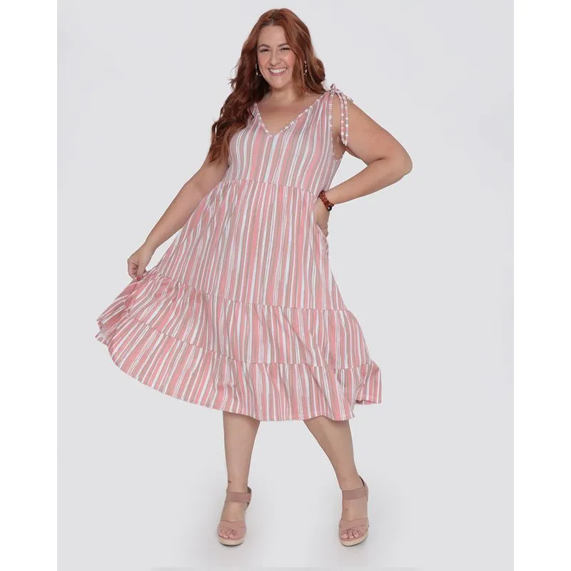 Vestido Plus Size Midi Coulisse Estampa Rosa G3