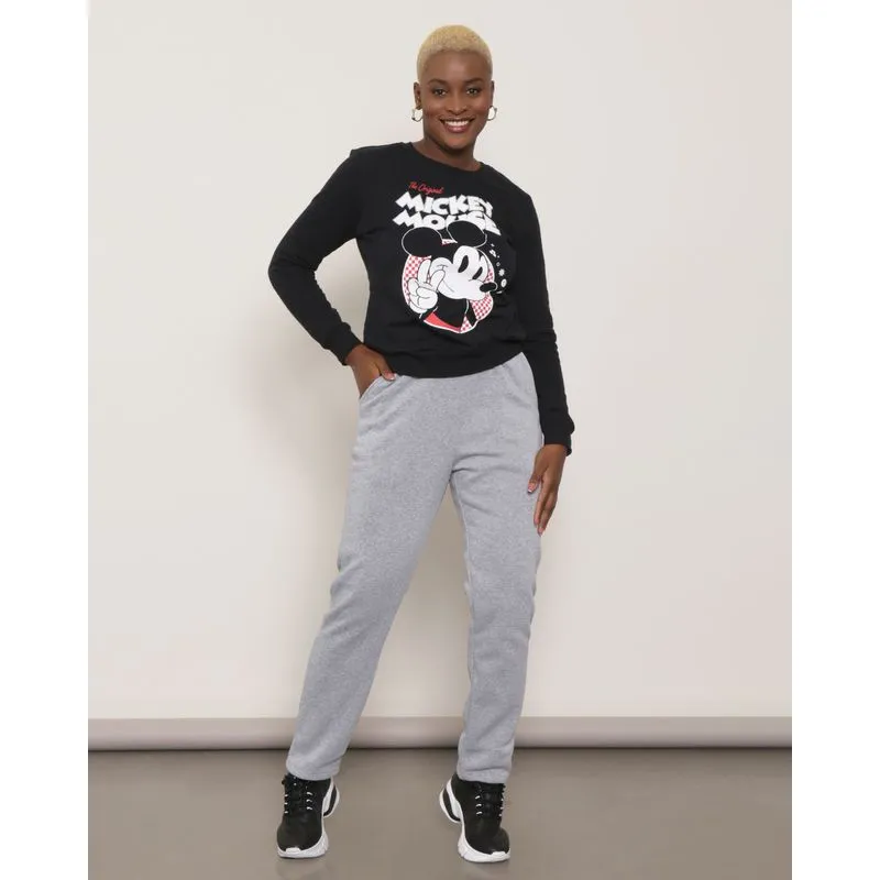 Calça Moletom Feminina Peluciada Reta Com Bolsos Cinza P