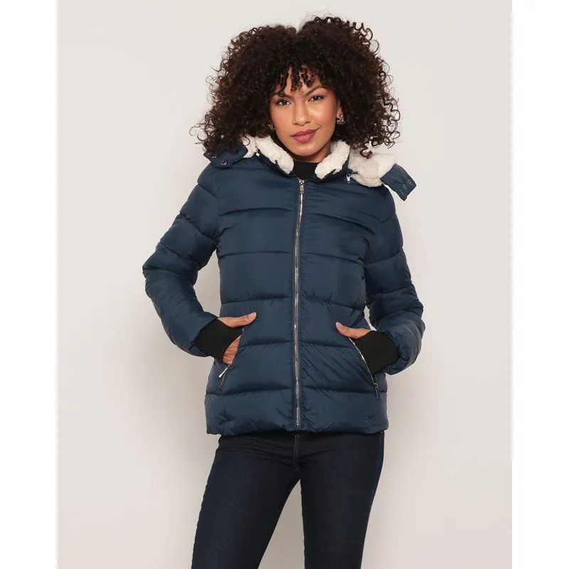 Jaqueta Feminina Puffer Sherpa Capuz Azul Escuro P