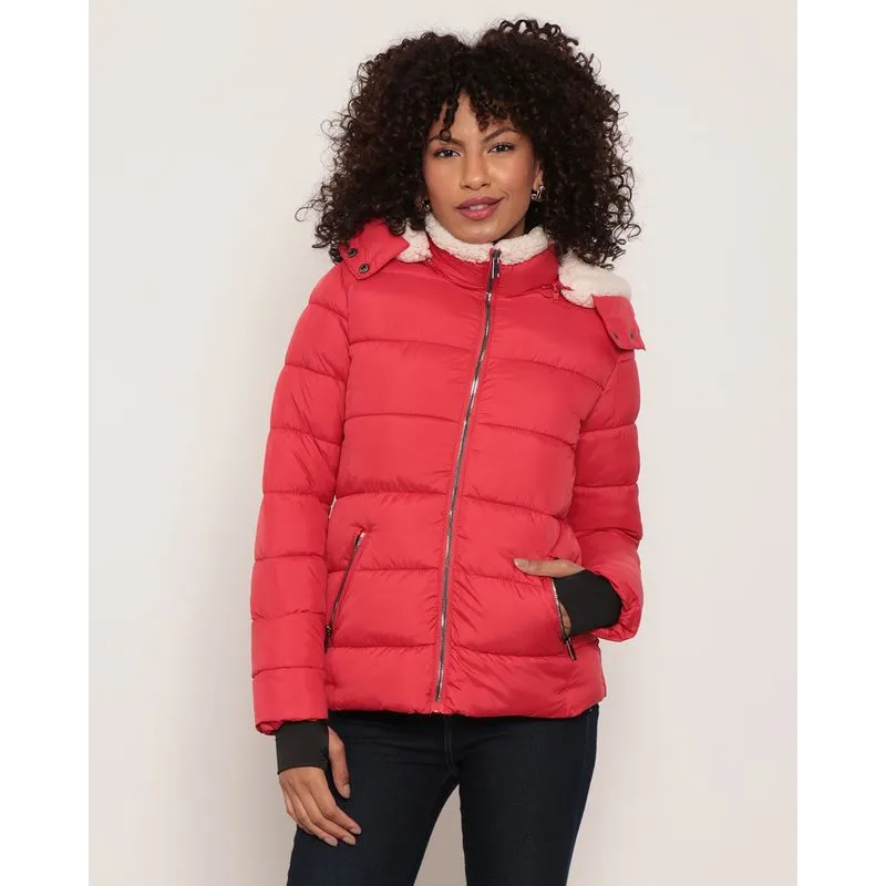 Jaqueta Feminina Puffer Sherpa Capuz Vermelha G