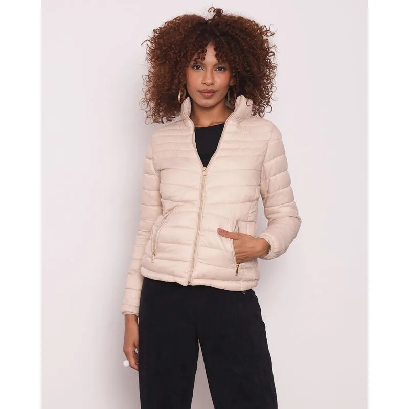 Jaqueta Feminina Puffer Com Bolso Flanelada Donatta Bege GG