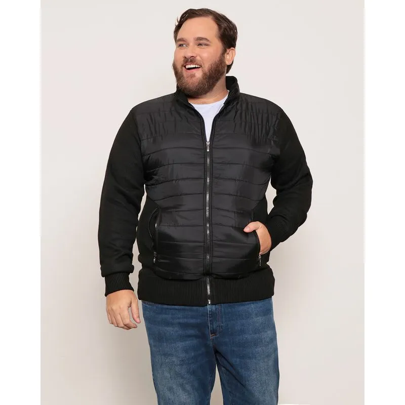 Jaqueta Masculino Plus Size Puffer Tricô Com Zíper Preto G3