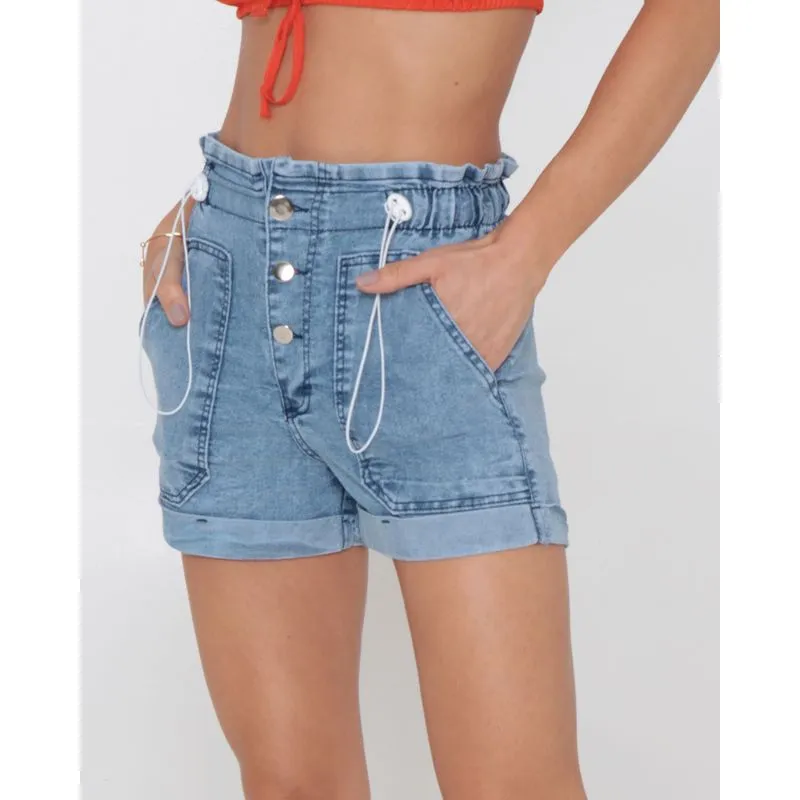 Short Jeans Feminino Botões Estonado Azul Médio 44