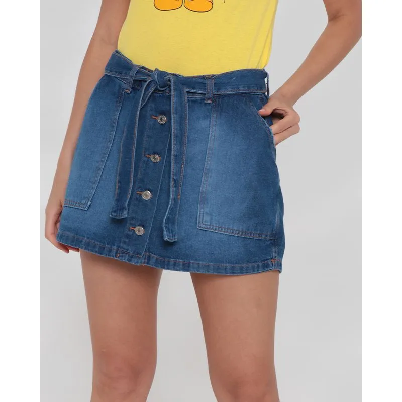 Short Saia Jeans Feminino Botões Azul Médio 36