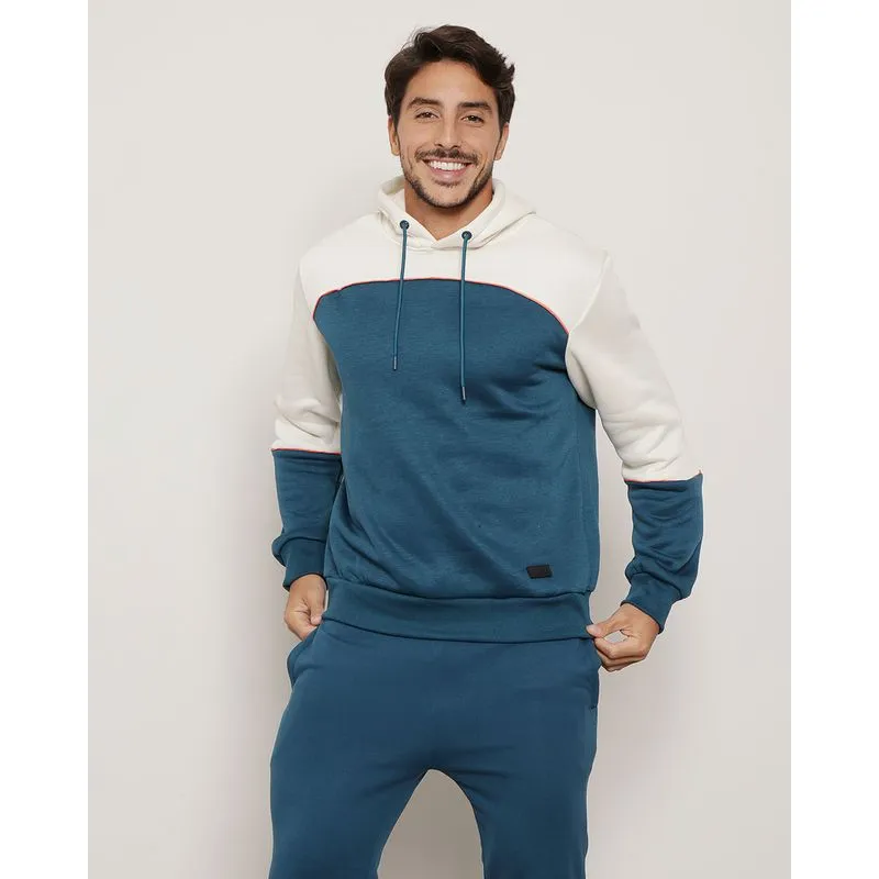 Blusão Moletom Masculino Com Recorte Manga Longa Azul GG