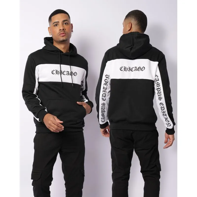 Blusão Moletom Masculino Peluciado Recortes Estampados Com Capuz Preto GG