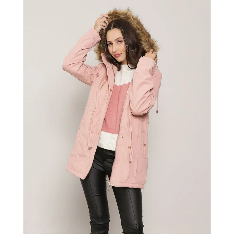 Jaqueta Sarja Feminina Parka Capuz Pelinho Luv Rosa G