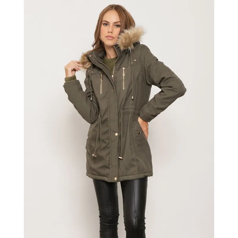 Parka Sarja Feminina Capuz Removível Com Pelo Verde M