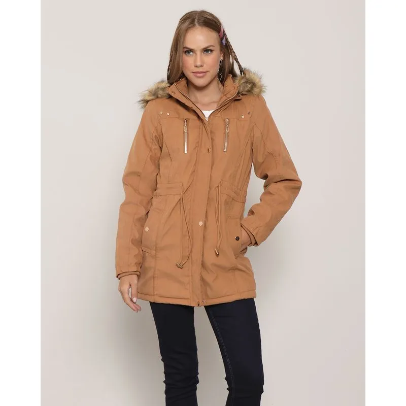 Parka Sarja Feminina Capuz Removível Com Pelo Marrom P