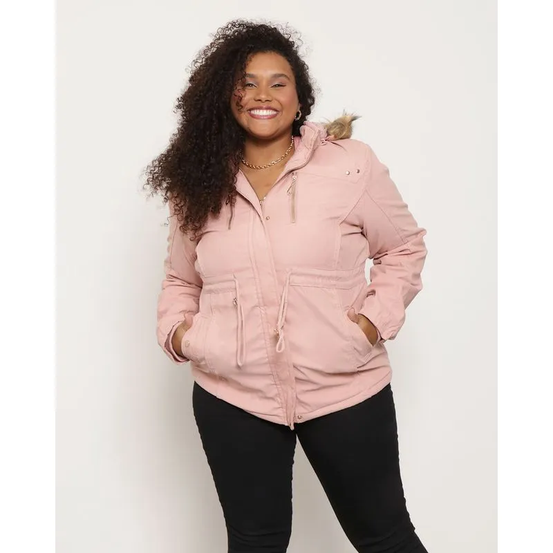 Parka Sarja Feminina Plus Size Capuz Pelinhos Rosa G3