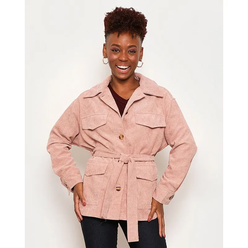 Casaco Feminino Com Amarração e Bolso Cotelê Rosa M