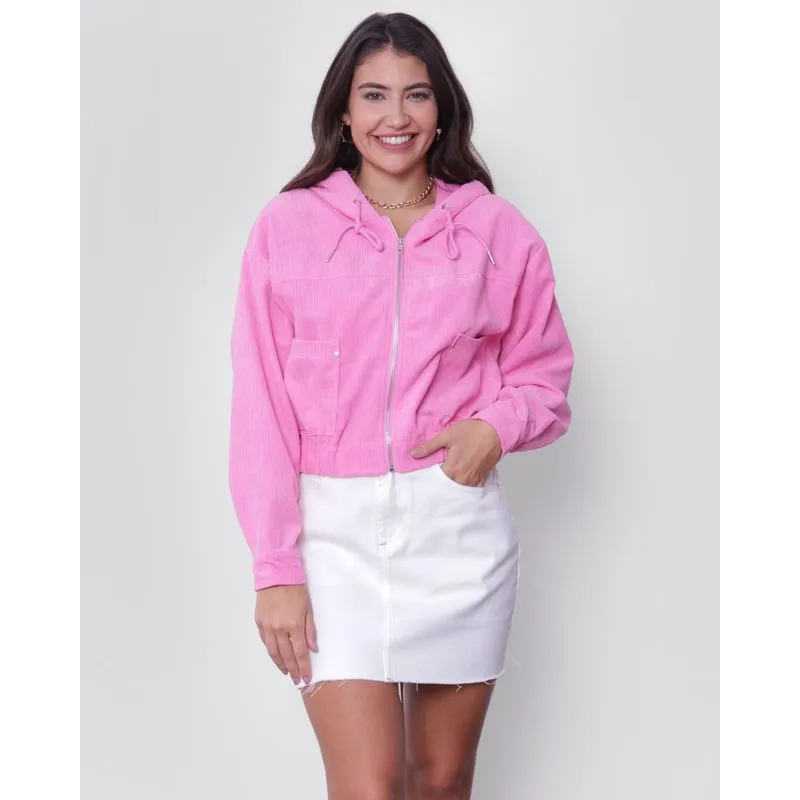Jaqueta Feminina Canelada Com Capuz Rosa GG