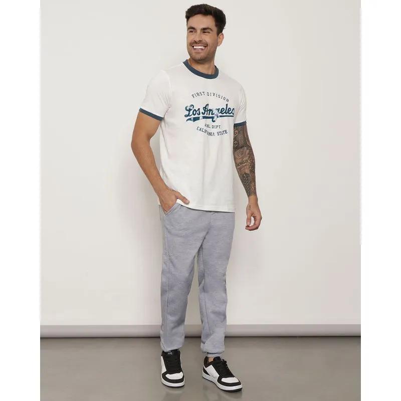 Calça Moletom Masculina Jogger Peluciada Com Estampa Cinza P