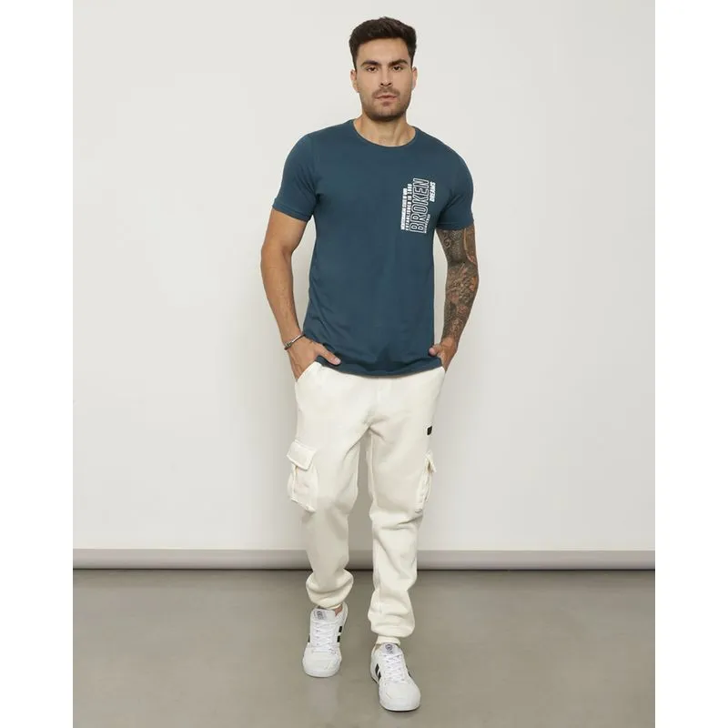 Calça Moletom Masculina Bolso Cargo Jogger Off White P
