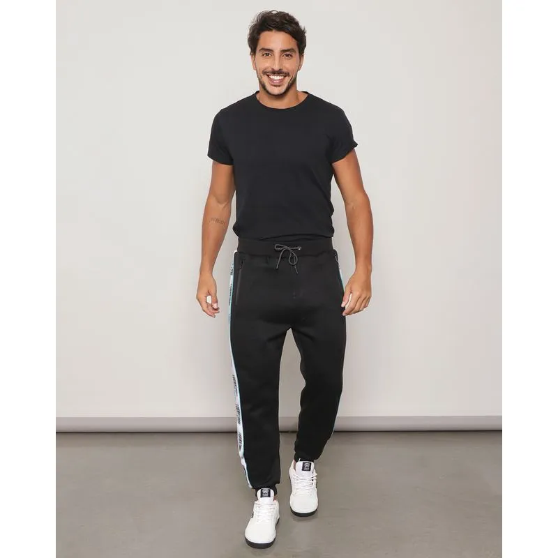 Calça Moletom Masculino Jogger Estampa Código de Barras Preto G