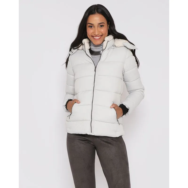 Jaqueta Feminina Puffer Capuz Sherpa Prateada GG