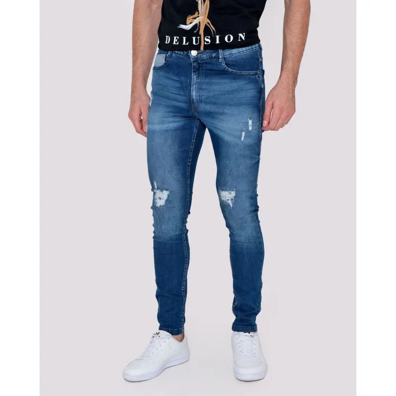 Calça Jeans Masculina Skiny Destroyd Azul Médio 46