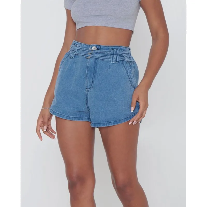 Short Jeans Feminino Cinto Duplo Azul Médio 44