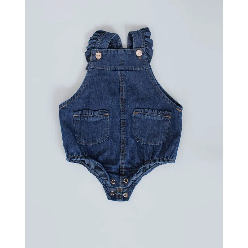 Body Bebê Jeans Bolsos Babado Azul Escuro G