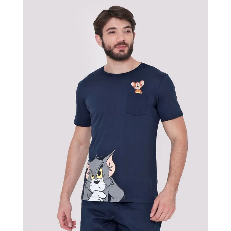 Camiseta Masculina Manga Curta Tom Jerry Azul Marinho M
