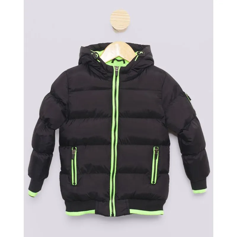 Jaqueta Puffer Bebê Com Capuz Neon Preta 3