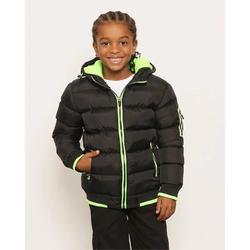 Jaqueta Puffer Infantil Com Capuz Neon Preta 8