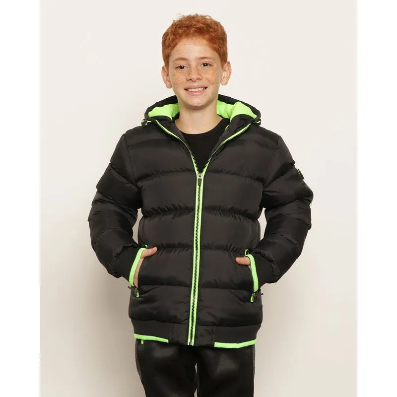 Jaqueta Puffer Juvenil Com Capuz Neon Preta 12
