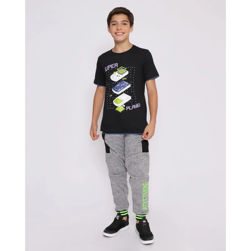 Calça Moletom Juvenil Jogger Com Recortes Atittude Cinza Claro 12