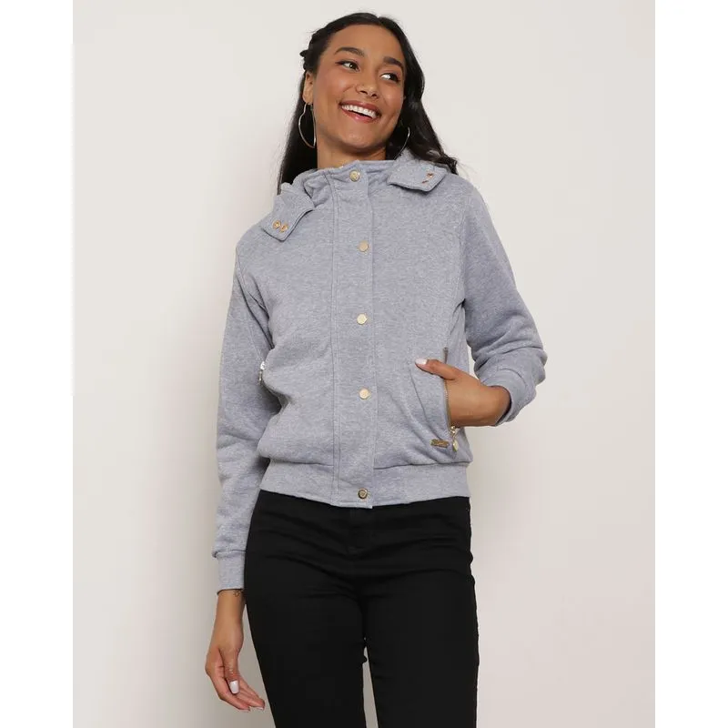 Jaqueta Moletom Feminino Pelúcia Capuz Cinza P