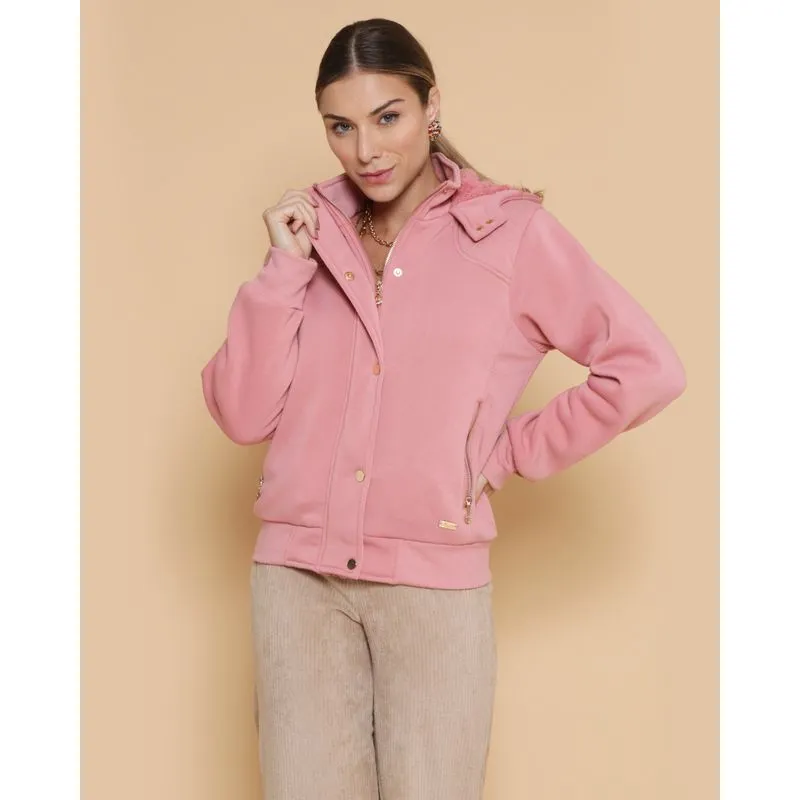 Casaco Moletom Feminino Capuz Com Forro Pelinho Rosa M