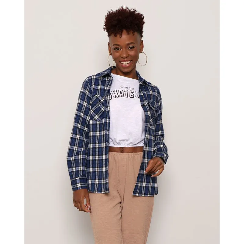 Camisa Feminina Flanelada Com Bolsos Xadrez Azul G