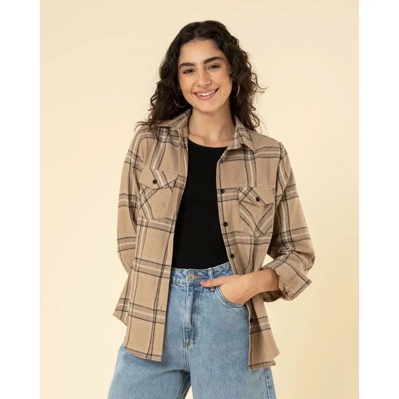 Camisa Feminina Flanelada Com Bolsos Xadrez Marrom G