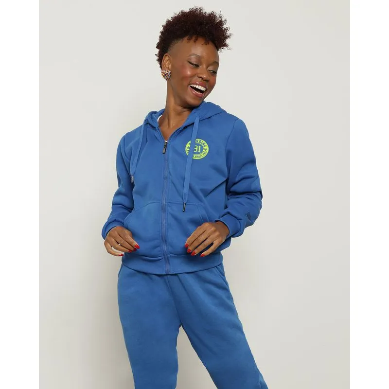 Casaco Moletom Feminino Com Zíper e Capuz Azul M