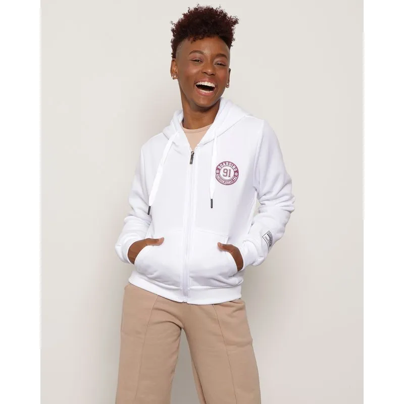 Casaco Moletom Feminino Com Zíper e Capuz Branco GG