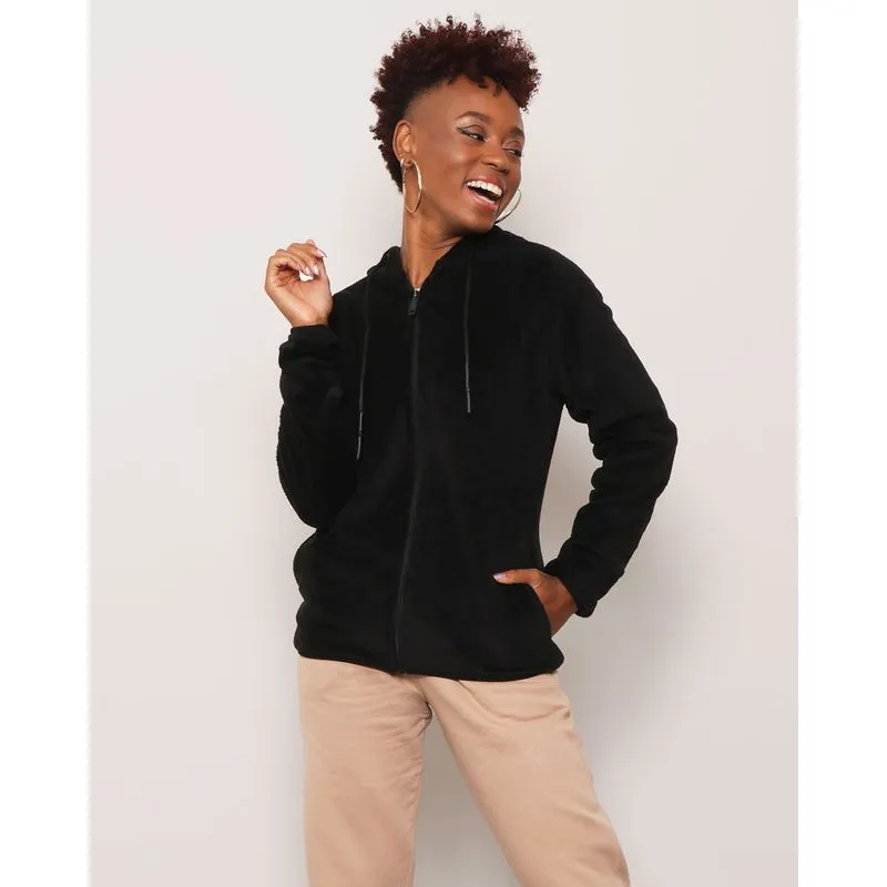 Casaco Feminino Com Zíper e Capuz Flannel Preto GG