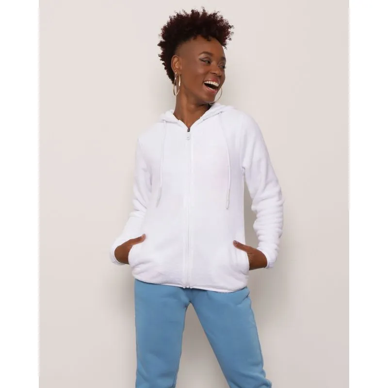 Casaco Feminino Com Capuz e Zíper Flannel Branco G