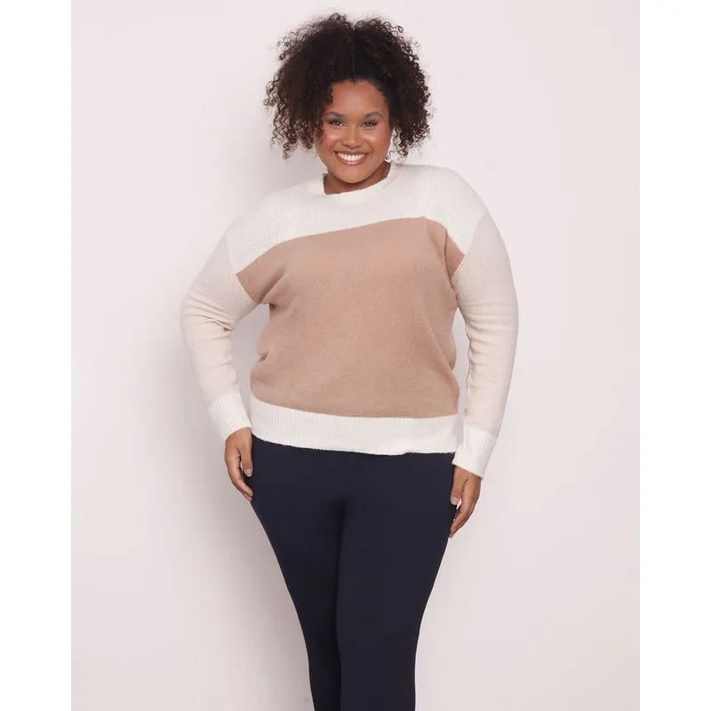 Suéter Feminino Plus Size Tricô Estampa Bloco Unique Bege G3