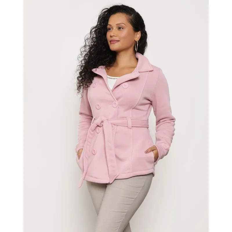 Parka Moletom Feminino Manga Longa Com Cinto Rosa P