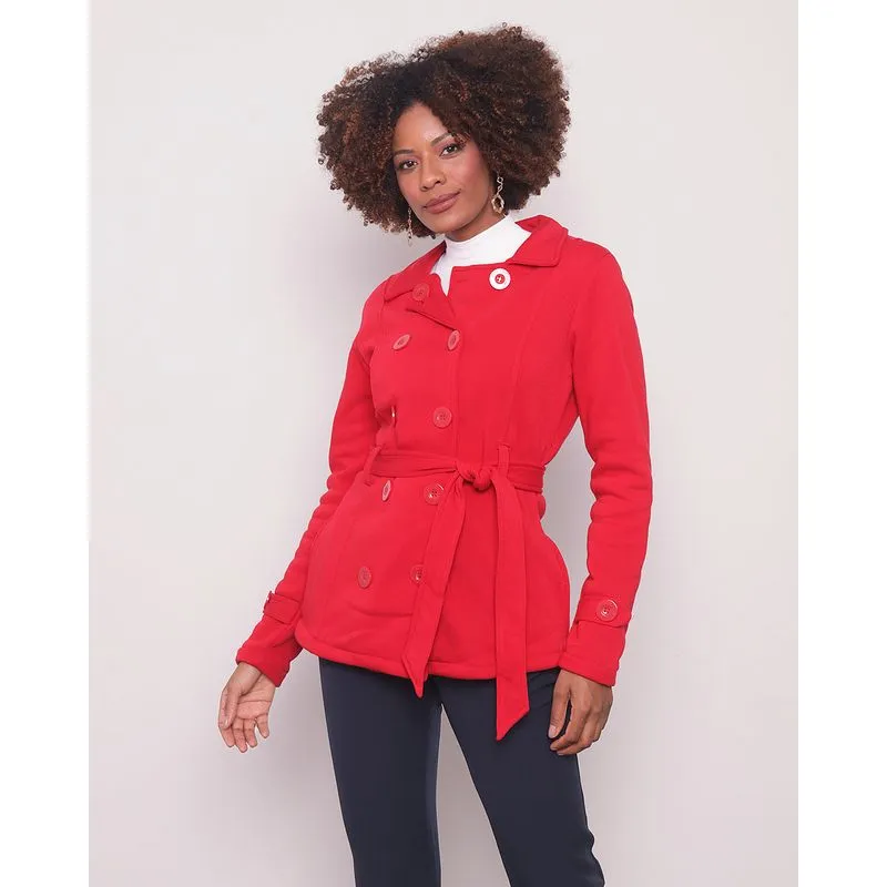 Parka Moletom Feminino Manga Longa Com Cinto Vermelho P