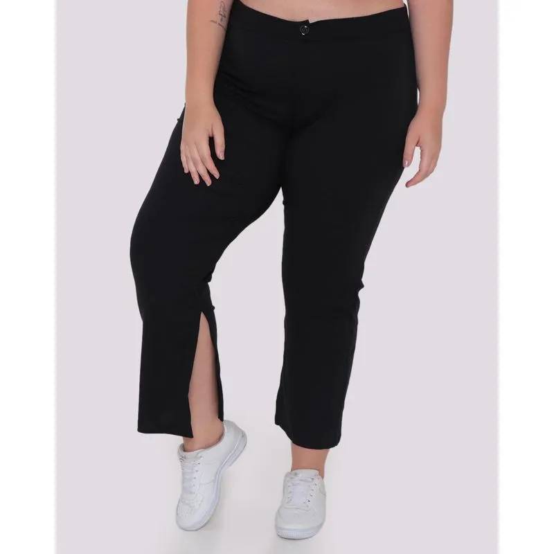Calça Plus Size Feminina Pantacourt Canelada Com Fenda Preta G2